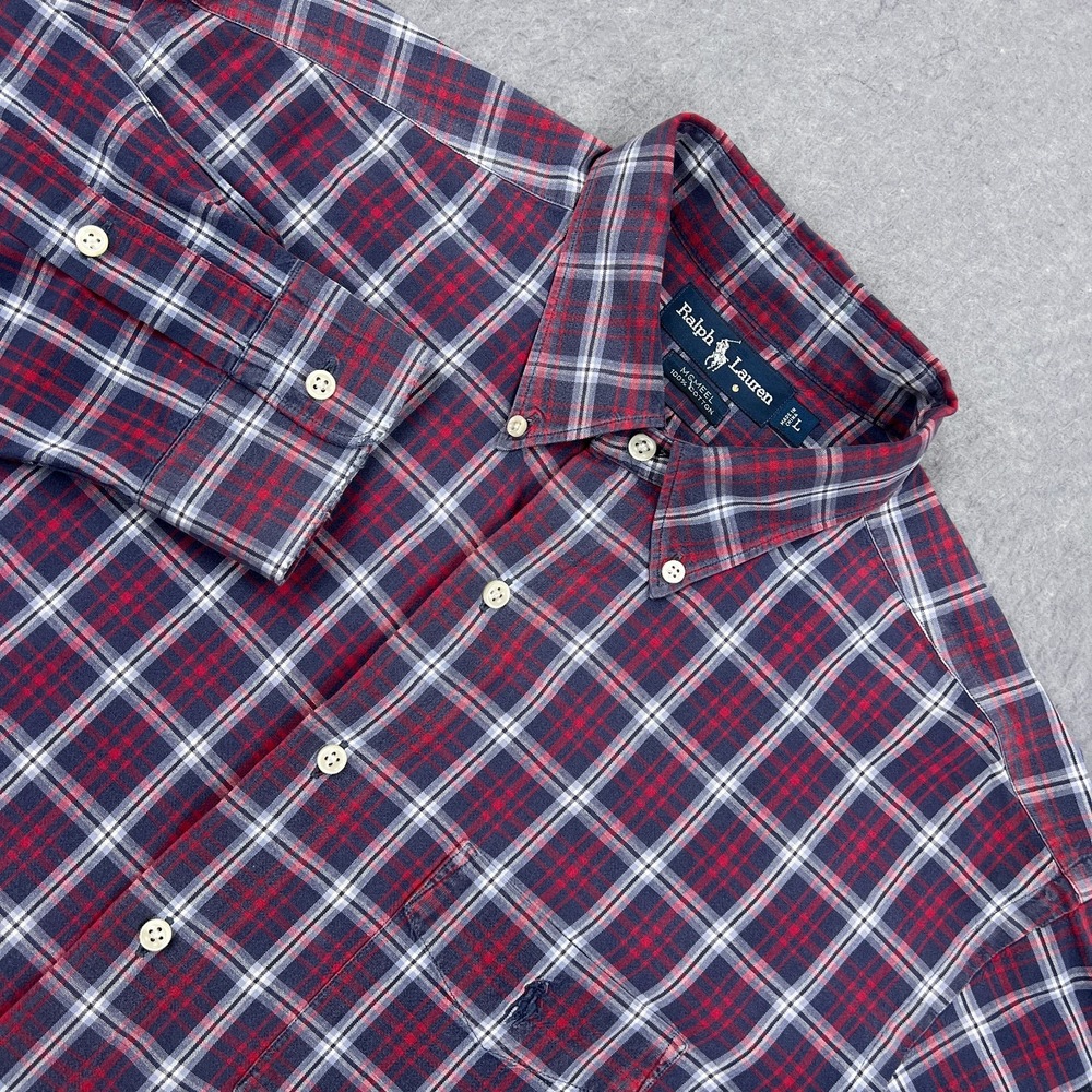 Ralph‎ Lauren Shirt Men's Large Red Plaid Classic Long Sleeve Pocket Button Up